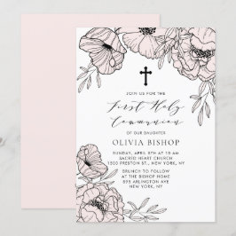 Moderne Blush Pink Flowers First Heilige Communie Kaart