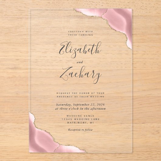 Moderne Blush Pink Gold Agate Corners Weddenschap Acryl Uitnodigingen (Voorkant)