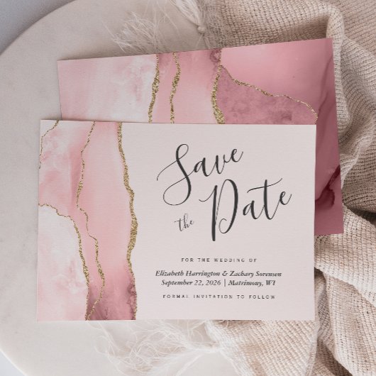 Moderne Blush Pink Gold Agate Save the Date Kaart