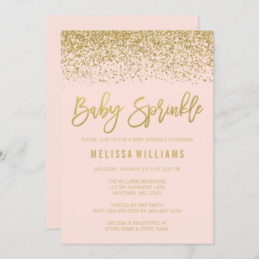 Moderne Blush Pink Gold Faux Glitter Baby Sprinkle Kaart (Voorkant / Achterkant)
