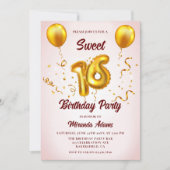 Moderne Blush Pink Gold Glitter Balloons Sweet 16 Kaart (Voorkant)