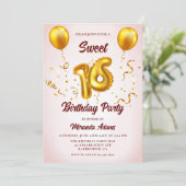 Moderne Blush Pink Gold Glitter Balloons Sweet 16 Kaart (Staand voorkant)