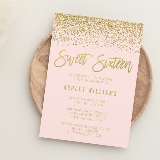 Moderne Blush Pink Gold Glitter Sweet 16 Uitnodigi Kaart