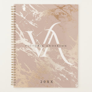 Moderne Blush Pink Marble White Monogram Aangepast Planner
