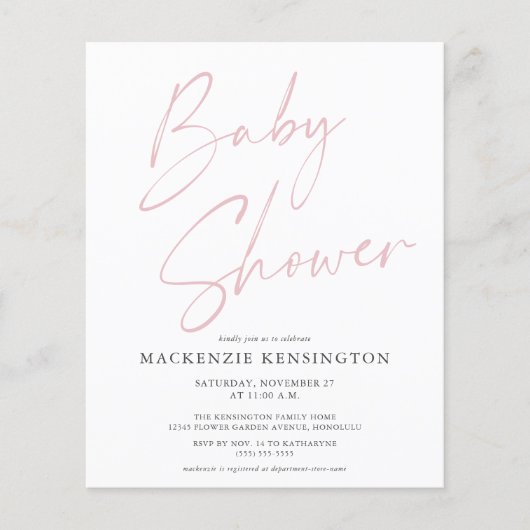 Moderne Blush Pink Script Baby shower FLYER (Voorkant)