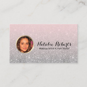 Moderne Blush Pink Silver Glitter Custom Photo Visitekaartje