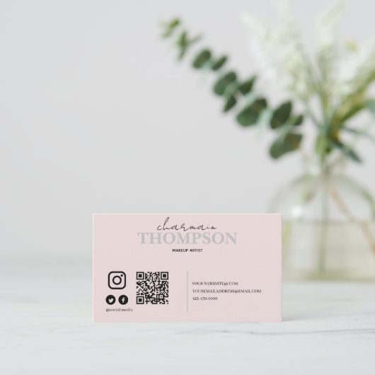 Moderne Blush Pink Social Media Icon QR code Visitekaartje (Staand voorkant)