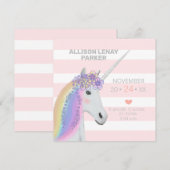 Moderne Blush Pink Unicorn Birth Announcement Kaar (Voorkant / Achterkant)