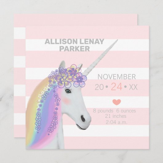 Moderne Blush Pink Unicorn Birth Announcement Kaar (Voorkant / Achterkant)
