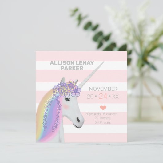 Moderne Blush Pink Unicorn Birth Announcement Kaar (Staand voorkant)