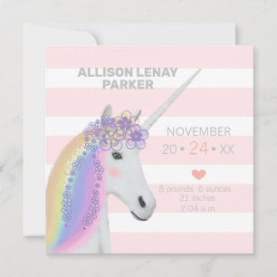 Moderne Blush Pink Unicorn Birth Announcement Kaar