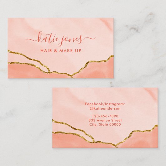 Moderne Blush Pink Waterverf en Faux Gold Visitekaartje