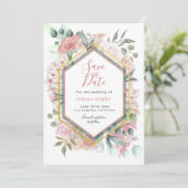 Moderne Blush Pink Waterverf Floral Gold Lijst Save The Date (Staand voorkant)