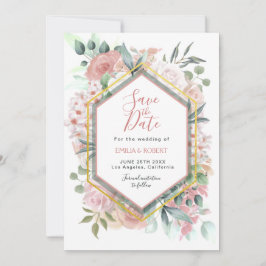 Moderne Blush Pink Waterverf Floral Gold Lijst Save The Date