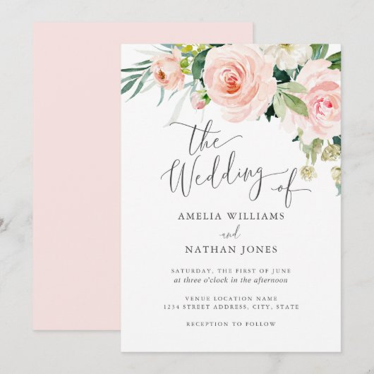 Moderne Blush Pink Waterverf Floral Wedding Kaart (Voorkant / Achterkant)