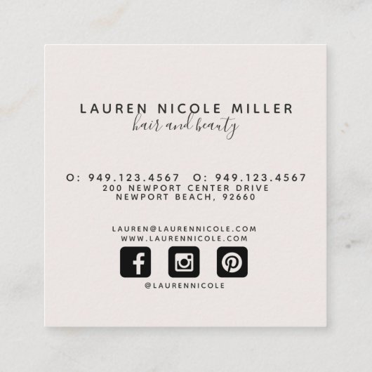 Moderne Blush Pink White en Black Script Initialen Vierkante Visitekaartje (Achterkant)