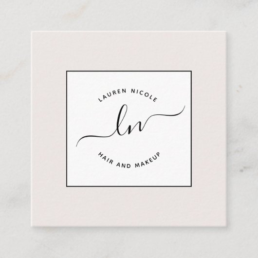 Moderne Blush Pink White en Black Script Initialen Vierkante Visitekaartje (Voorkant)