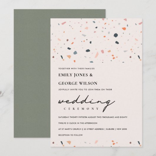 MODERNE BLUSH ROEST TERRAZZO PATROON TROUWKAART BEDANKKAART (Voorkant / Achterkant)