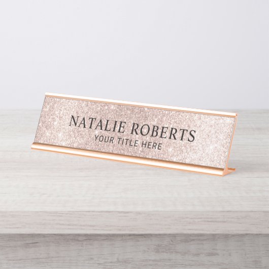Moderne Blush Roos Gold Glitter Professional Bureau Naambordje (Voorkant)