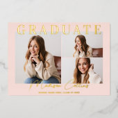 Moderne Blush Roze 3 Foto Afstuderen Gold Folie Uitnodiging (Voorkant)