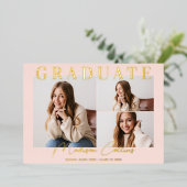 Moderne Blush Roze 3 Foto Afstuderen Gold Folie Uitnodiging (Staand Voorkant)