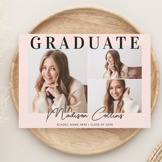 Moderne Blush Roze 3 Foto Graduation Party Kaart