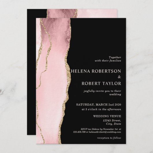 Moderne blush roze agaat zwarte achtergrond kaart (Voorkant / Achterkant)