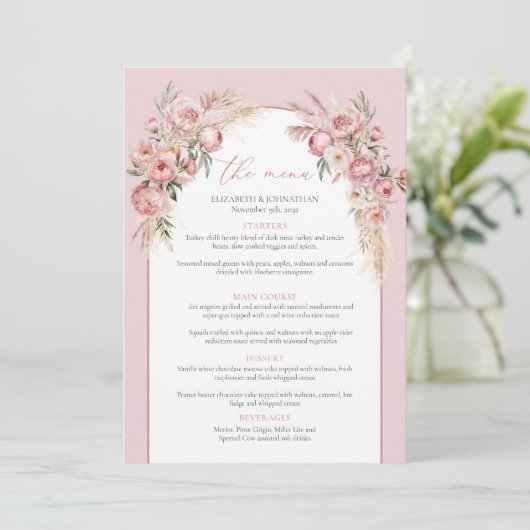 Moderne blush roze bloemen boho boog pampas menu (Staand voorkant)
