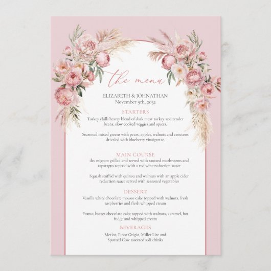 Moderne blush roze bloemen boho boog pampas menu (Voorkant)