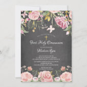 Moderne Blush Roze Bloemen Eerste Heilige Communie Kaart (Voorkant)