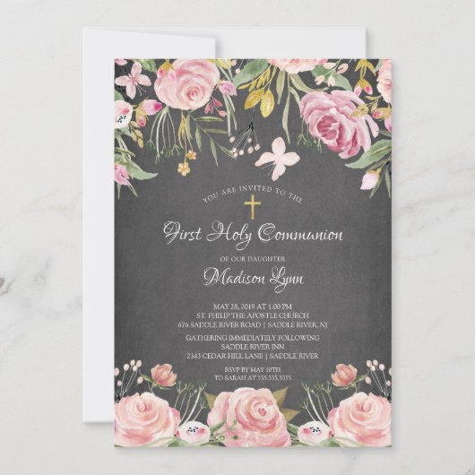 Moderne Blush Roze Bloemen Eerste Heilige Communie Kaart (Voorkant)