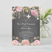 Moderne Blush Roze Bloemen Eerste Heilige Communie Kaart (Staand voorkant)