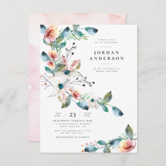 Moderne Blush roze bloemen | Elegant Vrijgezellenf Uitnodiging Briefkaart (Voorkant / Achterkant)