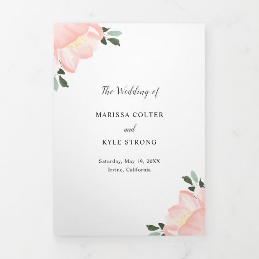 Moderne Blush Roze Bloemen Elegante Bruiloft Drieluik Uitnodiging (Cover)