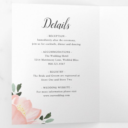 Moderne Blush Roze Bloemen Elegante Bruiloft Drieluik Uitnodiging (Binnenzijde eerst)