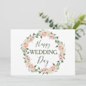 Moderne Blush Roze Bloemen Krans Gelukkige Bruilof Kaart (Staand voorkant)