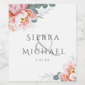 Moderne Blush Roze Bloemen Pioen Bruiloft Receptie Wijn Etiket (Enkel label)