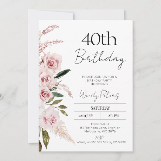 Moderne Blush Roze Boho Bloemen Verjaardag uitnodi Kaart (Voorkant)