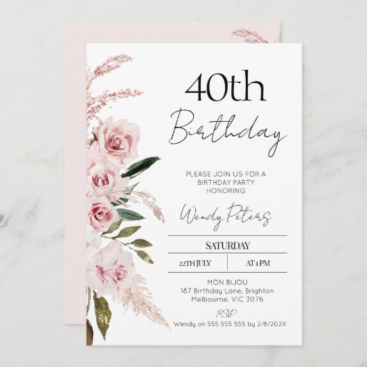 Moderne Blush Roze Boho Bloemen Verjaardag uitnodi Kaart (Voorkant / Achterkant)