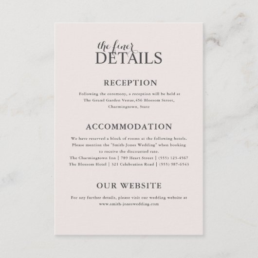 Moderne Blush Roze bruiloft Details Informatiekaartje (Voorkant)