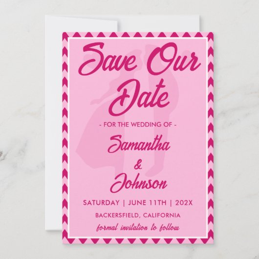 Moderne Blush Roze Chevron Streep QR Code Foto Save The Date (Voorkant)
