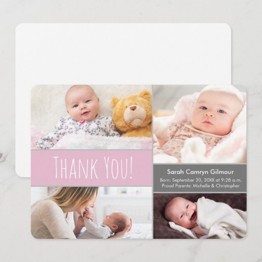 Moderne Blush roze en Grey Welcome Home Baby Girl Bedankkaart (Voorkant / Achterkant)