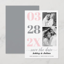 Moderne blush roze en grijze typografie twee foto save the date