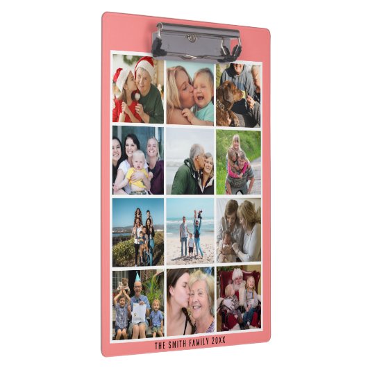 Moderne Blush Roze Familie 12 Fotocollage Custom Klembord (Rechts)
