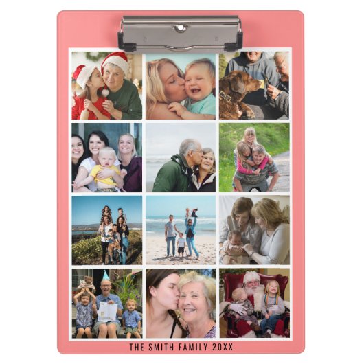 Moderne Blush Roze Familie 12 Fotocollage Custom Klembord (Voorkant)