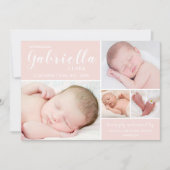 Moderne Blush Roze foto Collage Baby Girl Aankondiging (Voorkant)