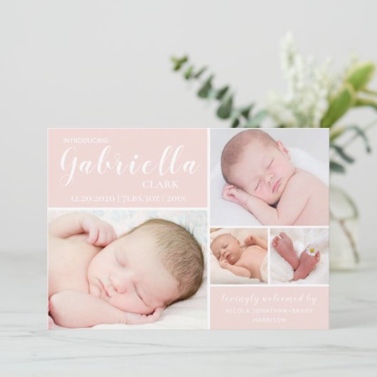 Moderne Blush Roze foto Collage Baby Girl Aankondiging (Staand voorkant)