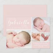 Moderne Blush Roze foto Collage Baby Girl Aankondiging (Voorkant / Achterkant)