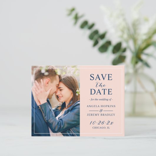 Moderne Blush roze foto Opslaan datum Briefkaart (Staand voorkant)