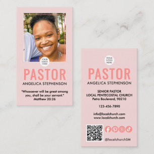 Moderne Blush Roze Foto QR Logo Kerk Pastor  Visitekaartje
